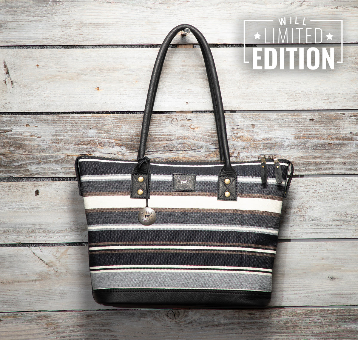 TWENTY FOUR SEVEN LIMITED EDITION LEATHER TOTE MOUNTAIN STRIPES CHARCOAL