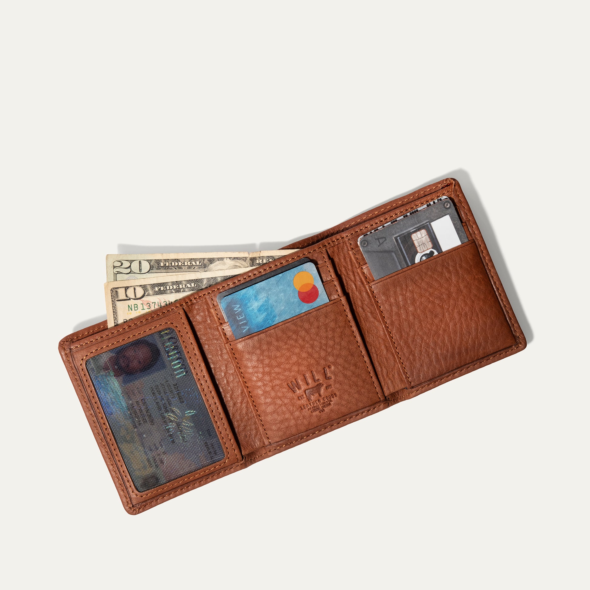 Visconti TR-35 Classic Tri-Fold Wallet - Veg Tan Leather, Black/Red - 9 Card Slots, 3 ID Windows, Coin Purse & Zippered Compartment