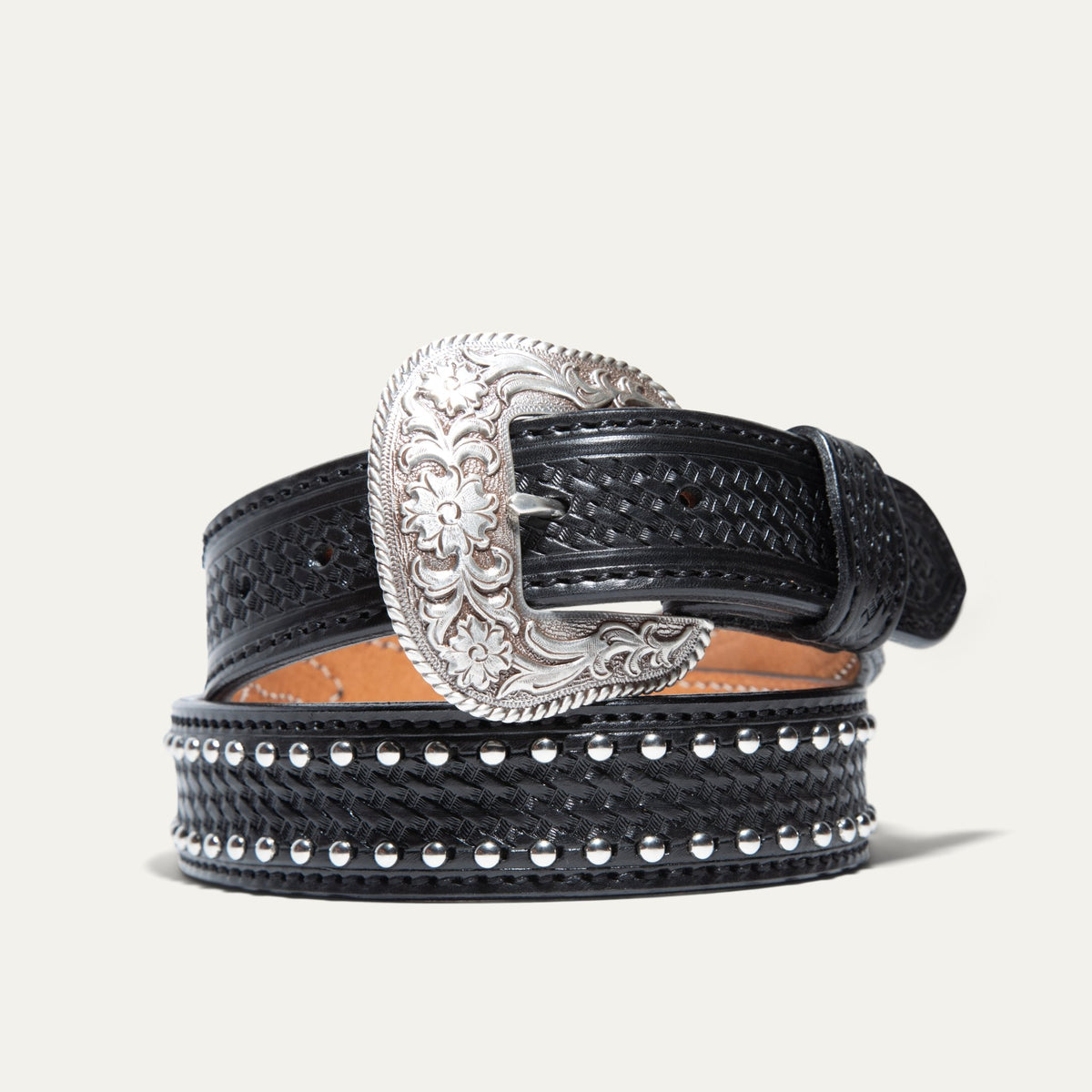 Hand Tooled Basketweave Nail Head Belt