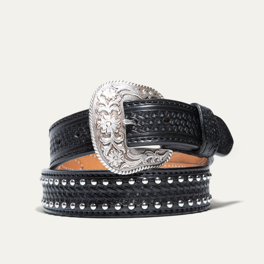 HAND - TOOLED BASKETWEAVE NAIL HEAD BELT - Will Leather Goods