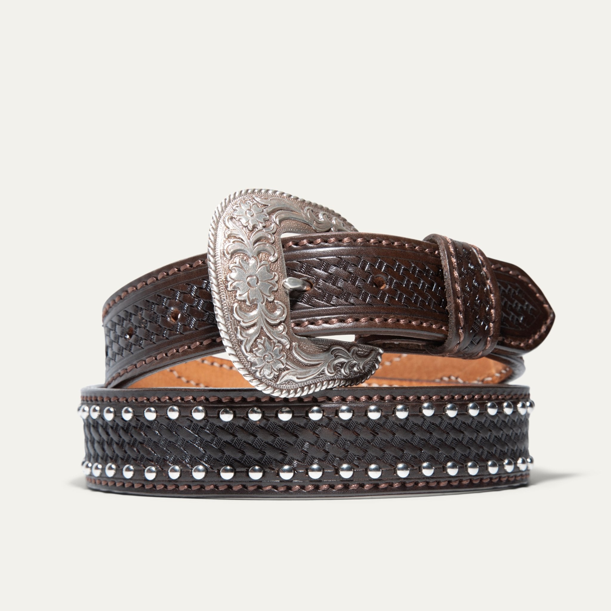 HAND - TOOLED BASKETWEAVE NAIL HEAD BELT - Will Leather Goods